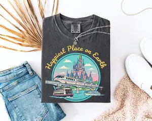 Comfort Colors Happiest Place on Earth Shirt, Inspired Castle Transportation Monorail Ferry Boat Retro Tee