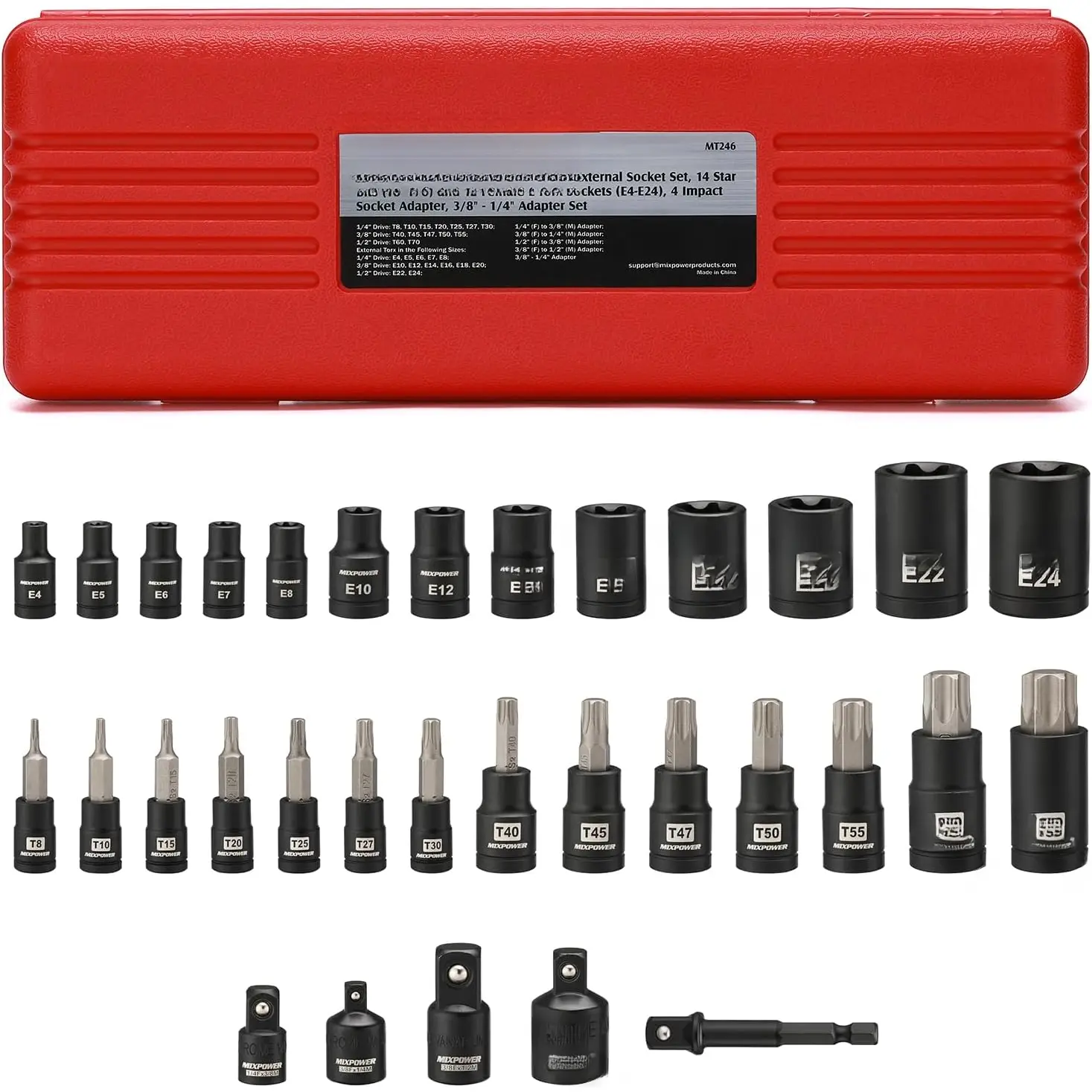 32 count Torx Bit Socket Set, 14  Bits (T8-T70)& 13 E-Torx Sockets (E4-E24), CR-V & S2 Alloy Steel