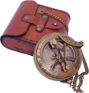 Handcrafted Vintage Brass Sundial Compass – Antique Nautical Sun Clock with Leather Case – Engraved Collectible Brass Compass Gift for Men - Nautical Gifts for Men, Best Anniversary Vintage Gifts