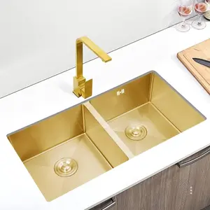 HIGOLD Double Bowl Undermount Kitchen Sink, 10 Inch, Nano, PVD Gold