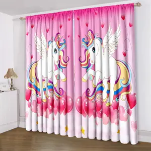 Unicorn & Heart Pattern Curtain, 2 Counts/set Romantic Lovely Curtain, Home Decorative Curtain for Bedroom Living Room Study Room