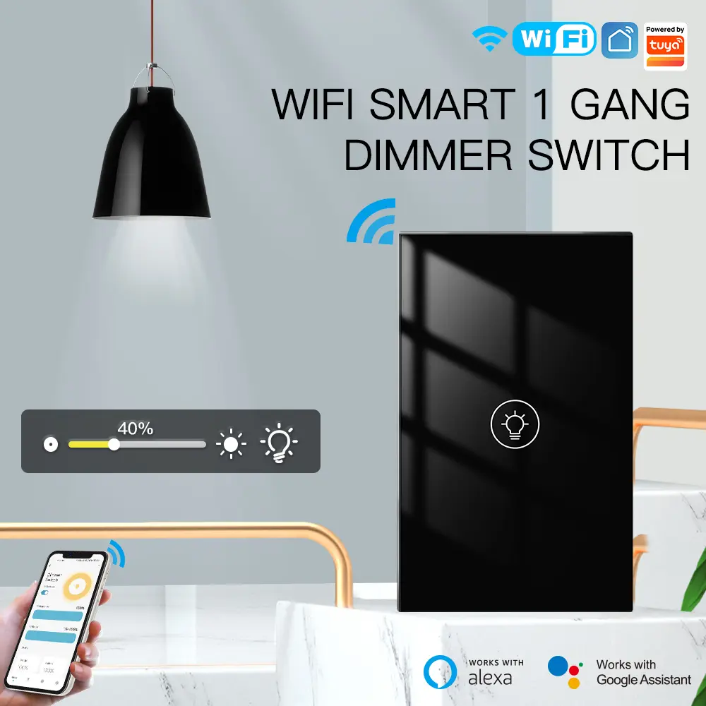 MOES WiFi Smart 1 Gang Dimmer Switch (Black Only), Long-Press to Dim, Wi-Fi Direct, 20-30m Outdoor Wireless Range, Voice + Schedule — Work With Alexa & Google Home.