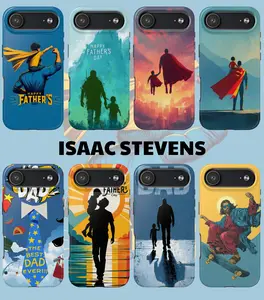 Father’s Day Tough Phone Case for iPhone 15 16 17 Pro Max, Super Dad Hero Protective Cover, Funny Daddy Gift Case, Father and Son Silhouette Glossy Shockproof Phone Cover for Men