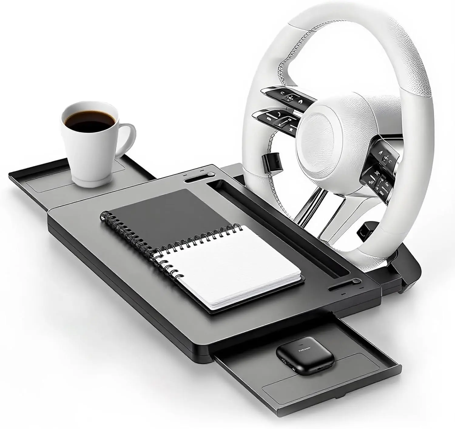 Large Car Steering Wheel Desk with Retractable Tray, Car Steering Wheel Tray Laptop Mount for Eating Food Drink and Writing Work, Fits for Most Cars (Black)
