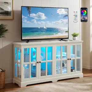 Eyisean 59" Vintage LED Curio Cabinet with 7 Color Lights, Glass Display Case with Glass Doors, Smartphone-Controlled, Short Wooden China Cabinet with Adjustable Shelves for Living Room, Entryway