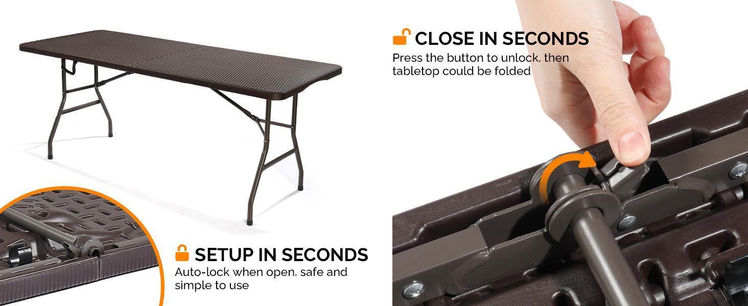 VINGLI 4/6/8 Foot Plastic Folding Table Portable Long Table for Indoor Outdoor Use Rectangular with Carrying Handle, Smooth HDPE Tabletop, White/Brown/Black