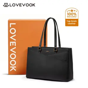 LOVEVOOK ELEVATE Series Top-Grain Leather Tote--100% Cowhide Casual Commuter Bag with V-Neck Design & Laptop Compartment Perfect for Office & Business Travel Summervibes