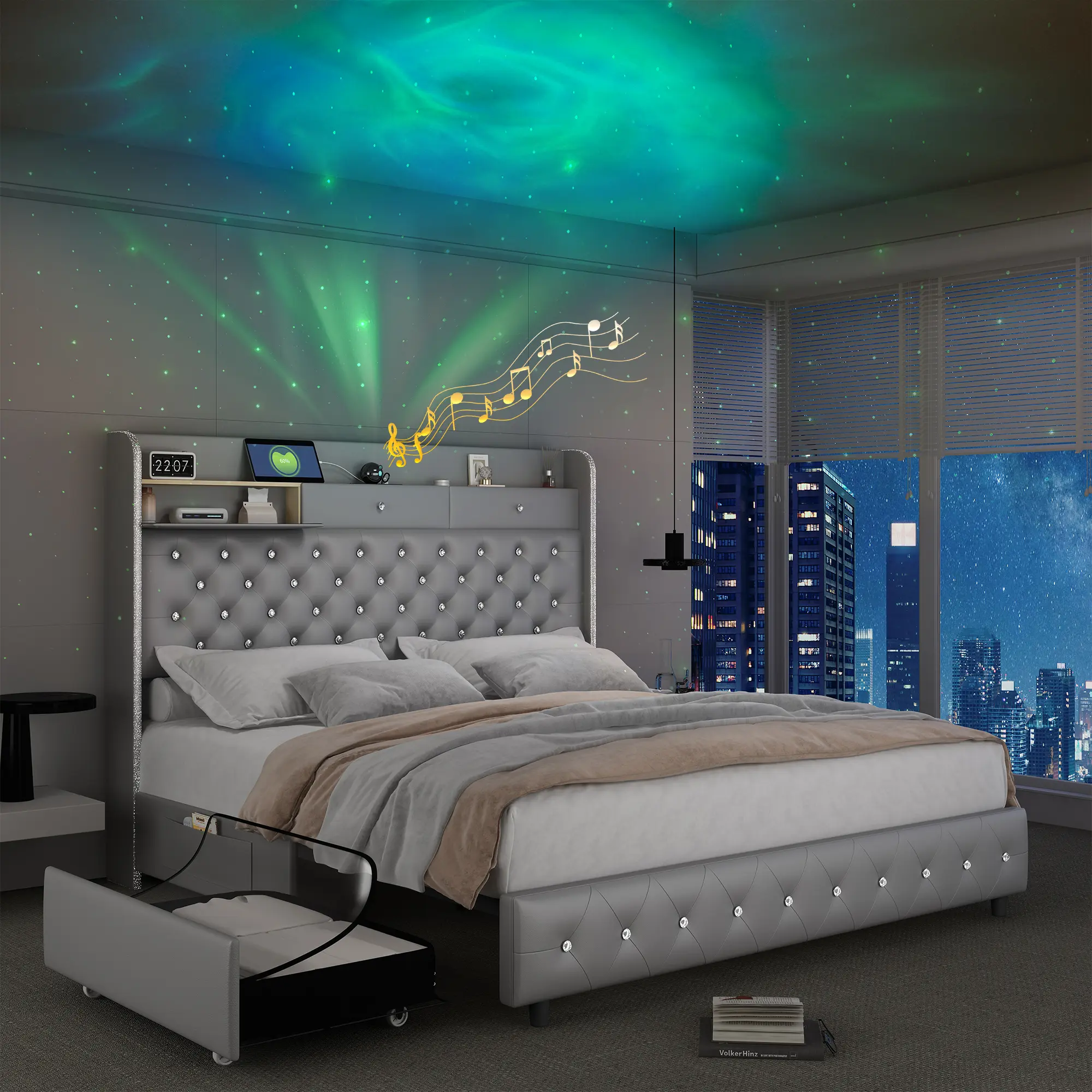 [Deals for You Days] SIBEDS LED Bed Frame with Galaxy Aurora Projector, 52" Upholstered Headboard with Charging Ports, Modern Platform Bed with 2 Storage Drawers, Noise-Free, No Box Spring Needed, Queen Bedroom Furniture, Unique Bed