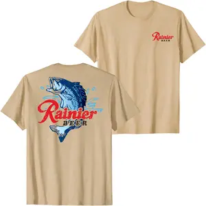 Rainier Beer Fishing Fish Graphic T-Shirt, Vintage Bass Splash Back Print Beer Tee for Men Women, Retro Outdoor Unisex Streetwear Fishing Shirt, Summer Casual Top