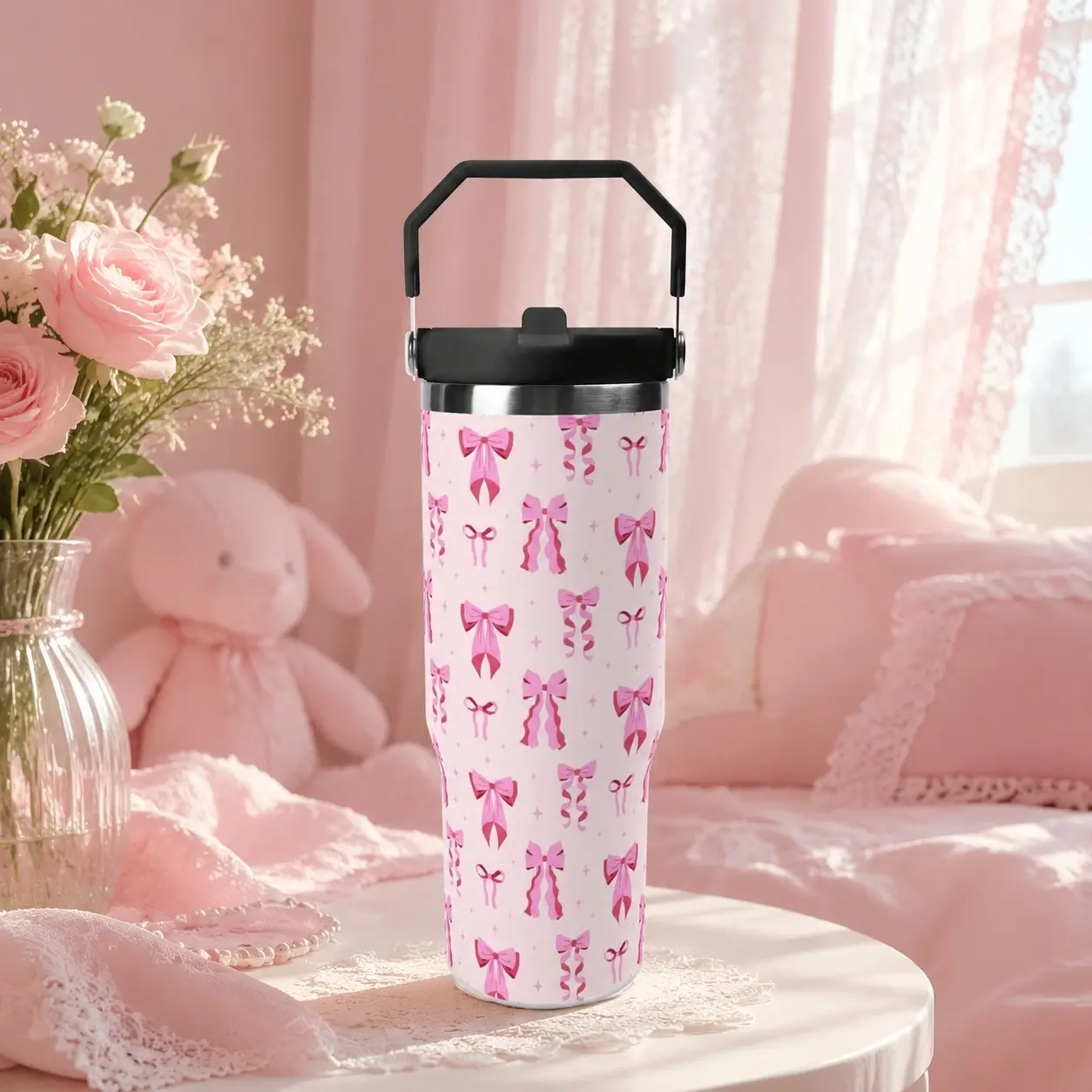 Cute 30oz Coquette Pink Bow Insulated Tumbler with Handle, Double Wall Vacuum Stainless Steel Travel Water Bottle with Flip Straw Lid, Leak Proof Car Cupholder Friendly Cup, Back to School Birthday Valentine's Day Christmas Gift for Daughter Girls Women