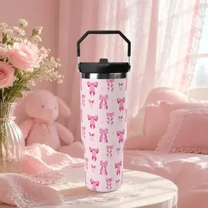 Cute 30oz Coquette Pink Bow Insulated Tumbler with Handle, Double Wall Vacuum Stainless Steel Travel Water Bottle with Flip Straw Lid, Leak Proof Car Cupholder Friendly Cup, Back to School Birthday Valentine's Day Christmas Gift for Daughter Girls Women