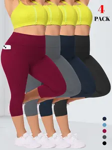 Plus Size，4pcs Women's High-Waisted 7/8 Yoga Pants with Pockets Breathable 4-Way Stretch, Anti-Exposure Sports Leggings Comfortable Fabric Tights Fitness Pants Ideal for Gym Workouts, Running, Yoga, And Casual Wear，Machine Washable, Multi-Color Options