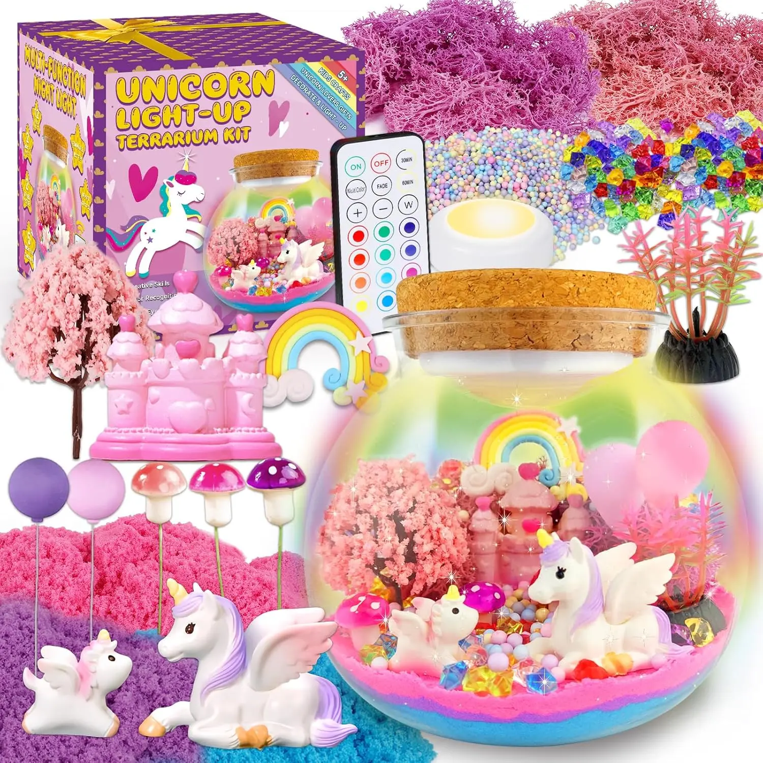 Kids' Unicorn Terrarium Crafts Single Kit - Remote-Control LED Night Light, Festive Party Gift, Indoor Home Supply, Party Bag Filler for 5-10 Year Old Girls, Christmas Birthday Present