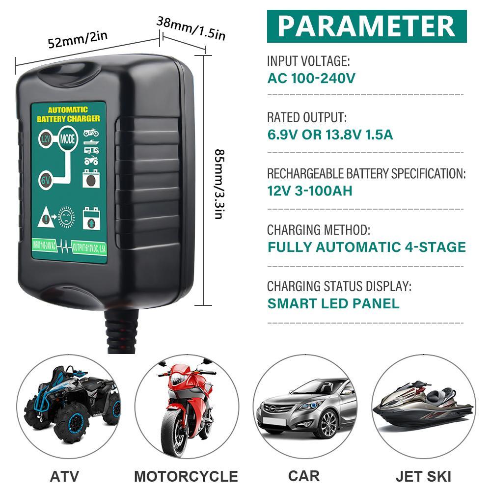 6V 12V Car Battery Charger, 1.5A Smart Fully Automatic Battery Charger Maintainer,Float Charger for auto car Motorcycle Lawn Mower Boat Snowmobile Trickle Charger for Car, Lawn Mower, Motorcycle, Boat, Marine