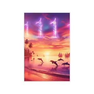 Repositionanable Wall Art Angel number 1111 "Crimson Serenity: An Exotic Sundown Symphony" - Tropical Beach at Sunset with Dolphins and Sailboats Decor Poster Room Stickers Ornaments Decoration Print Photo Artistic Removable