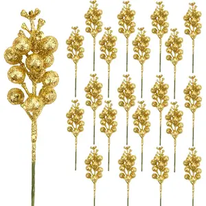Glitter Gold Berry Stems,20 Pcs 7.8 Inch Artificial Christmas Tree Picks Decoration and Christmas Tree Filler Ornaments,DIY Xmas Wreath, Holiday and Home Décor