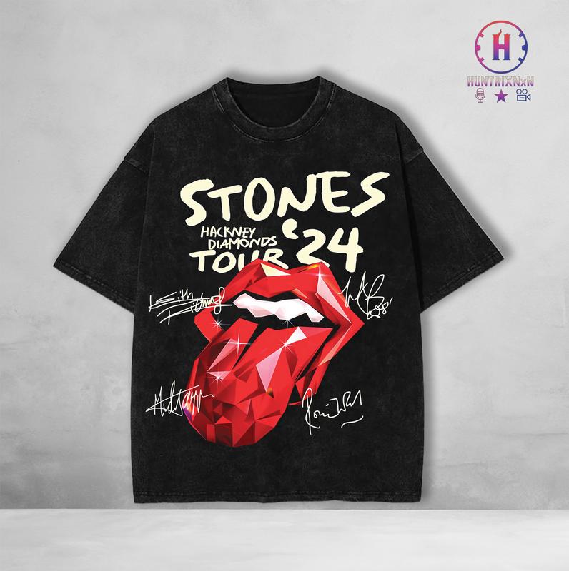 Rolling Stones Tour '24 US Hackney Diamonds Tour Dates Washed T-Shirt – Classic Rock Oversized Vintage Tee, 2024 World Tour Double-Sided Graphic Shirt, Washed Cotton Retro Band Merch for Rock & Blues Fans, Casual Streetwear Crewneck