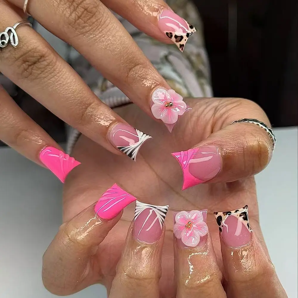 24pcs Y2K Style Long Duck Paw Press-On Nails, 3D Flowers, Acrylic Set with Jelly Glue and Nail File, Medium Length, Plain Surface, Diy Nails Art, Diy Fake Nails, Nails Press Ons