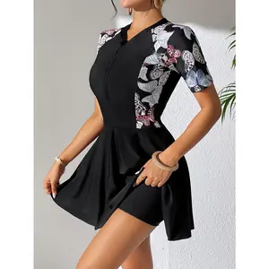 Modest Butterfly Print One-Piece Swimsuit - Women's V-Neck Umbrella Skirt Silhouette - Medium Stretch Polyester & Elastane, Removable Padding, Zipper Detail, Conventional Bottom