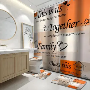 4 count Bathroom Shower Curtain Sets with Rugs, Orange Motivational Home Family Bathroom Sets with Shower Curtain and Rugs and Accessories