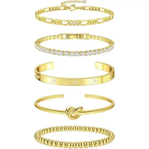 YADOCA 5 Pcs Plated Gold Bracelets for Women 14k Real Plated Gold Bangle Cuff Bracelet Set Hypoallergenic Gold Beaded Paperclip CZ Tennis Cuban Chain Bracelet Stacking Bracelets Plated Gold Jewellery for Women