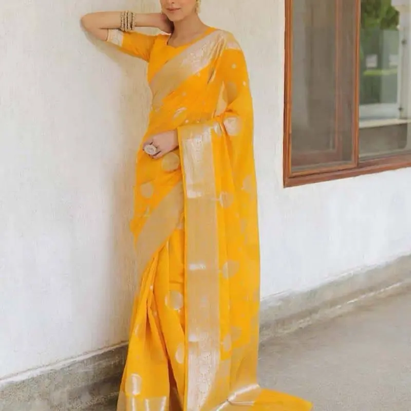 MODERN LICHI SILK ORGANIC BANARASI SAREE WITH UNSTITCHED BLOUSE YELLOW Elegant Traditional Indian Wear