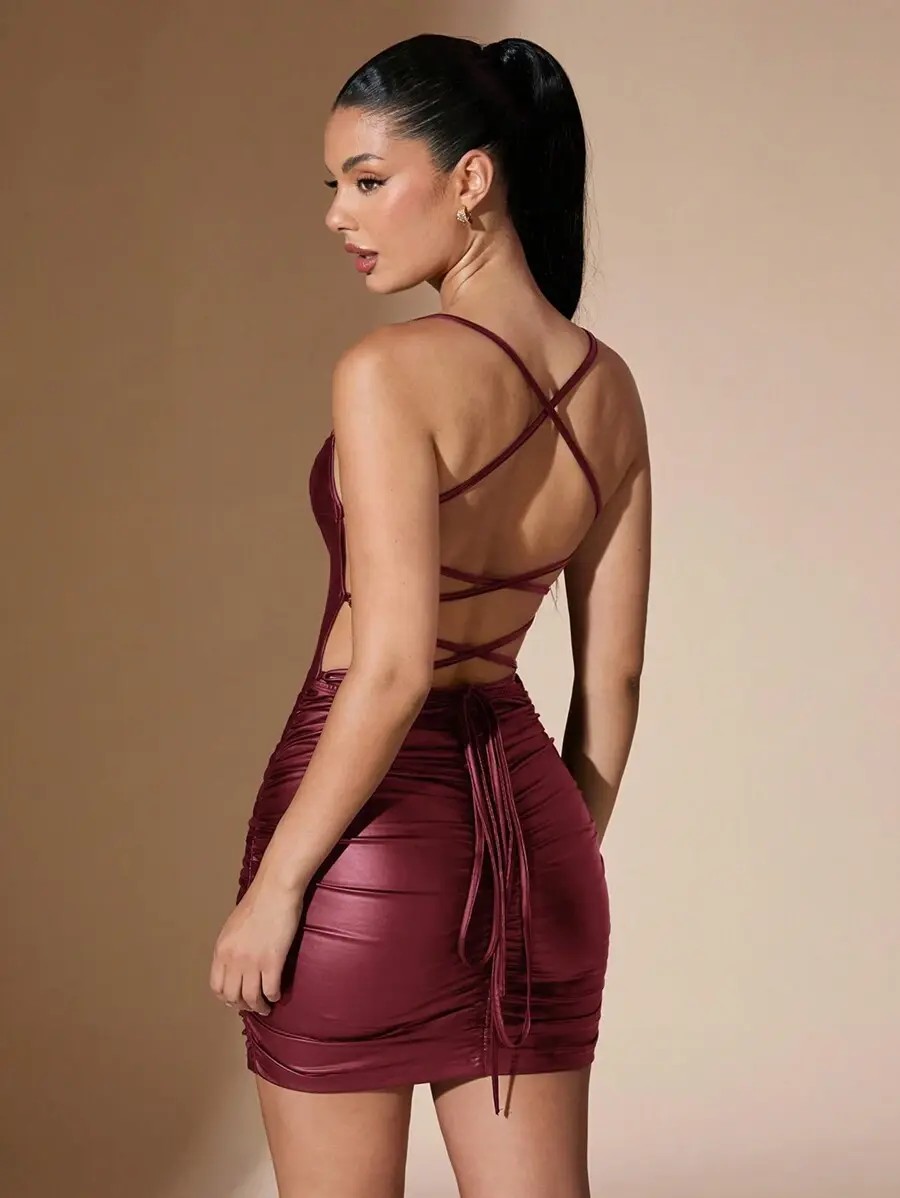 Backless Criss-Cross Strap PU Leather Mini Dress, Stylish Halloween Party Dress - TikTok Shop Backless Criss-Cross Strap PU Leather Mini Dress, Stylish Halloween Party Dress - TikTok Shop