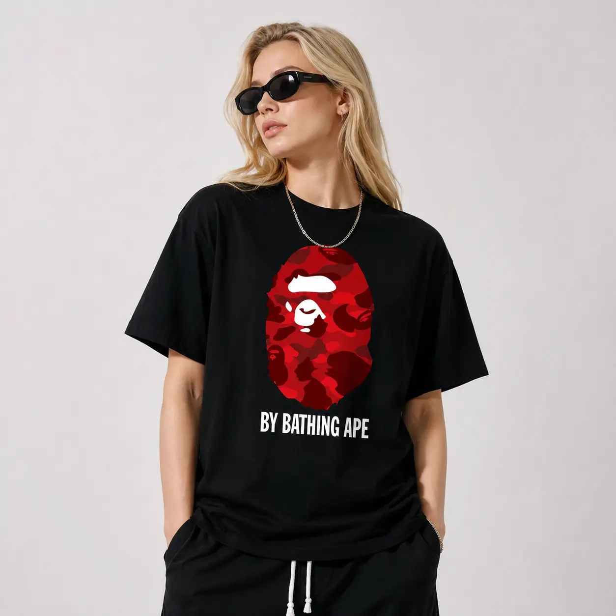 NEW 2026 Camo Tee Red Short Sleeve Crew Neck Casual Summer T-Shirt with Iconic Ape Head Design and Plaid Pattern