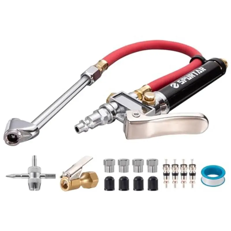 10-120 PSI Heavy Duty Tire Pressure Gauge with Inflator Air Chuck with Pressure Gauge with 4 Way Tool and Valve Cores Air Compressor Attachments Tire Inflator Nozzle for Car Automotive Truck