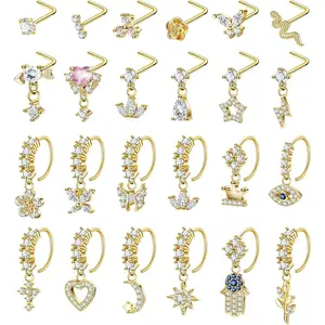 24Pcs 20G Surgical Steel Dangle Nose Ring for Women L Shaped Dangling Nose Stud Dainty Nose Hoop Set CZ Flower Leaf Heart Moon Star Butterfly Dangle Nose Piercing Jewelry