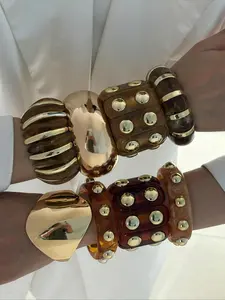 Chunky Tortoiseshell Resin Cuff Stackable Bracelet for Women, Acrylic Stretch Bangle, Boho Ethnic Pattern, Fashion Jewelry for All Seasons