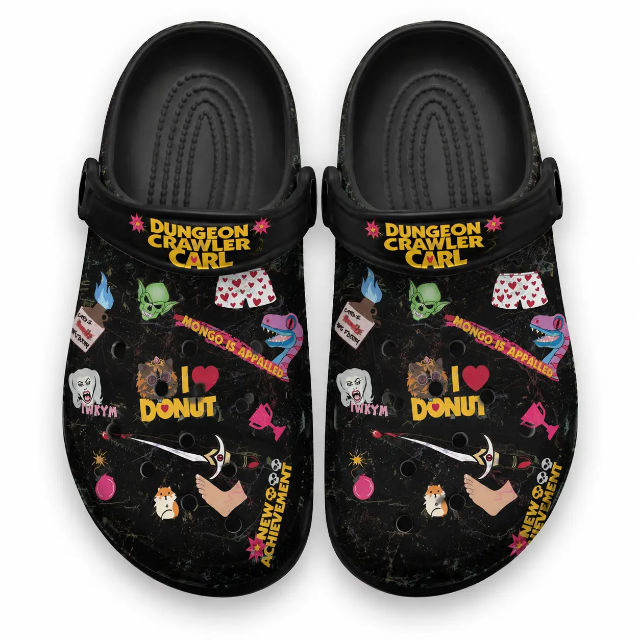 Dungeon Crawler Carl Clogs | Princess Donut & Mongo is Appalled Slip-on Shoes | LitRPG BookTok Fan Merch | Funny Sticker Bomb Graphic Footwear | Ultimate Geek Gift for Fantasy Audiobook Lovers