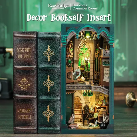 EcoCrafty Darkness Common Room DIY Dollhouse Booknook Bookshelf Insert Decor Alley with LED Light Unfinished Wood Miniature Furniture Playhouse Kit