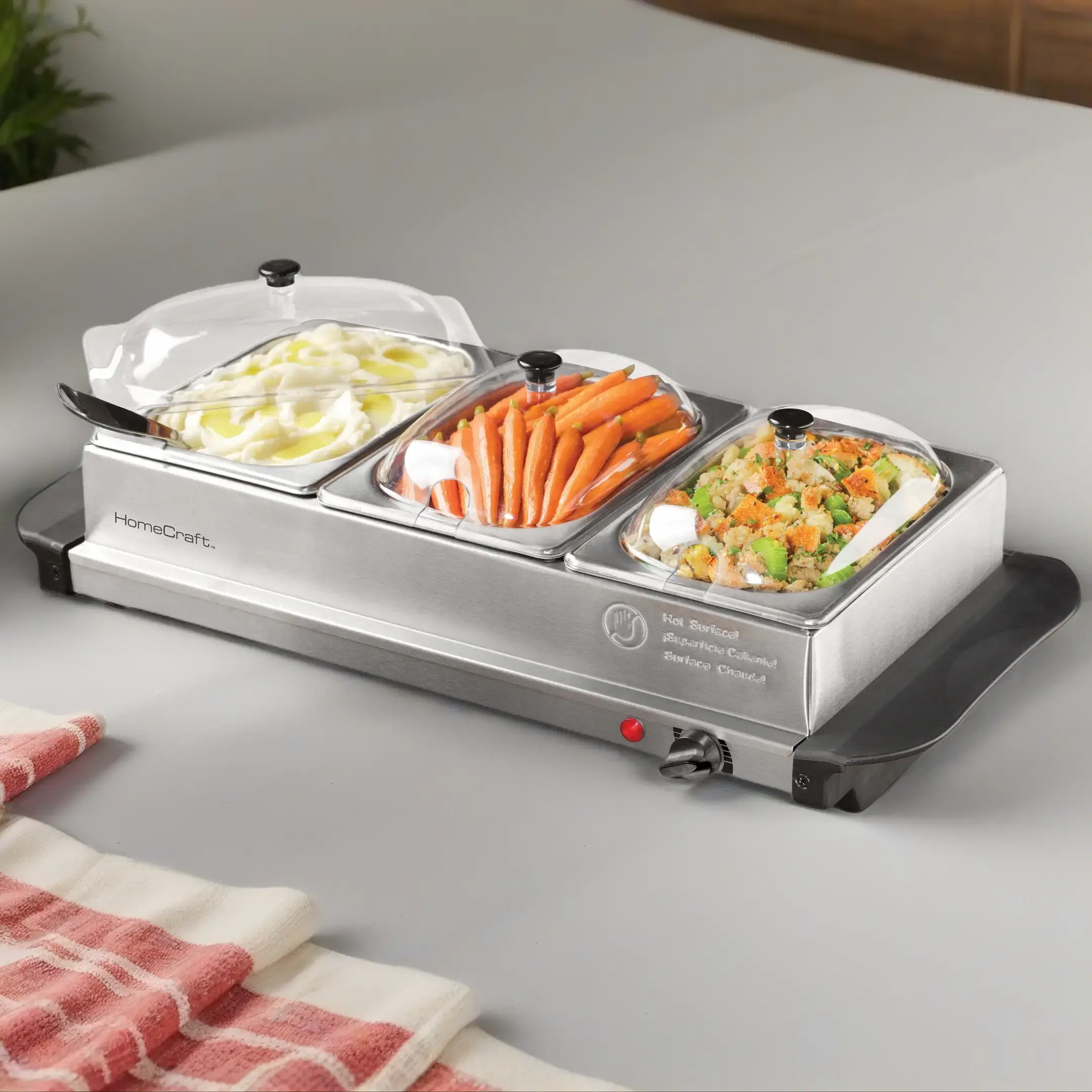 HomeCraft 3-Station 1.5-Quart Stainless Steel Buffet Server & Warming Tray HomeCraft 3-Station 1.5-Quart Stainless Steel Buffet Server & Warming Tray