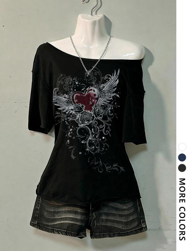 Women's Asymmetrical Neck Digital Print Summer Casual T-Shirt, Vintage Campus Style, Fashion Trend Letter Design