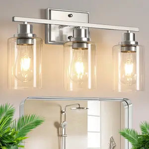 3-Light Bathroom Fixtures, Contemporary Vanity Lights Above Mirror, Brushed Nickel Wall Sconce with Clear Glass for Living Room, Cabinet, Bedroom, and Porch