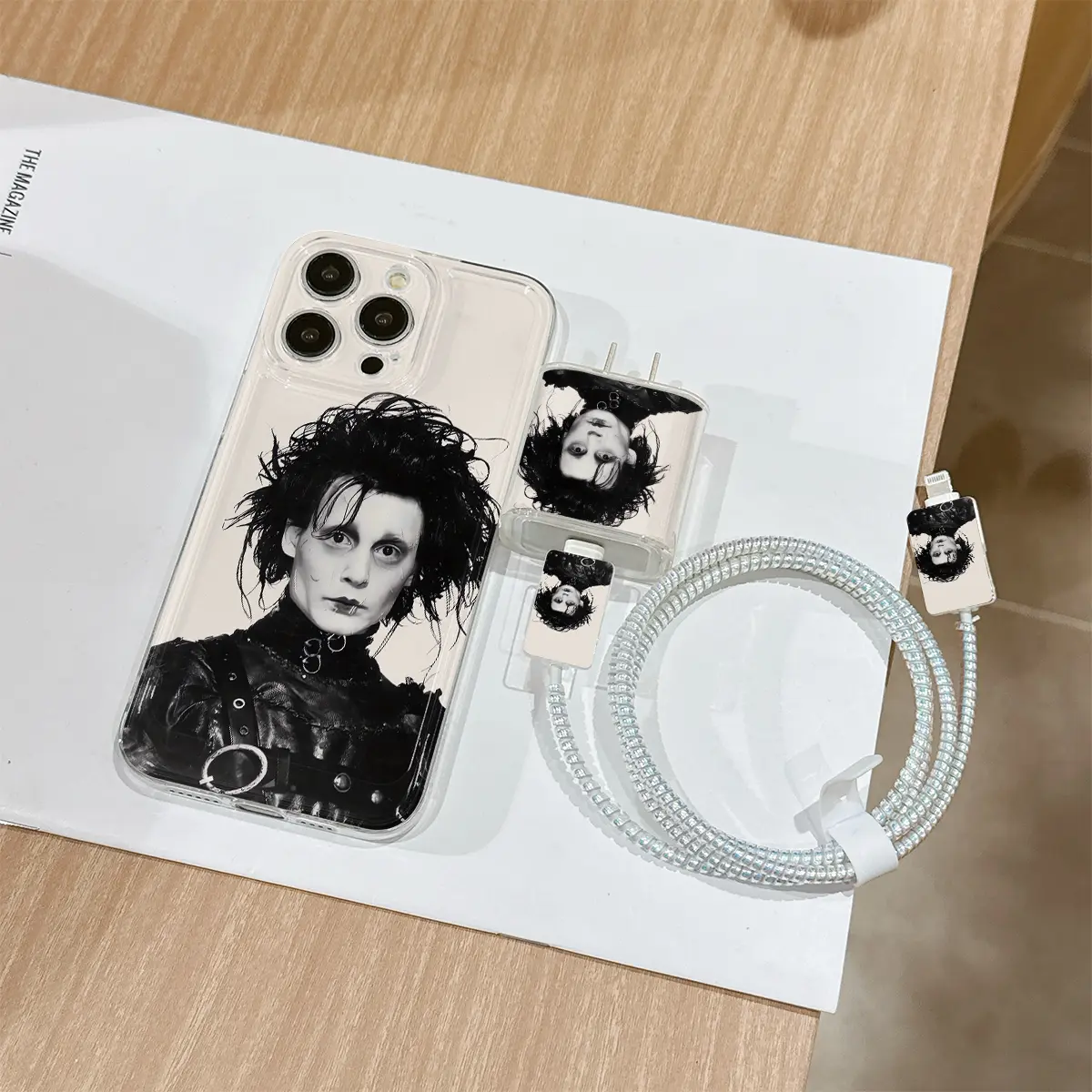 6 Piece Transparent Edward Scissorhands Phone Case Set, Includes Charger Cover & Cable Protector, Anti-Drop Tpu Cases for iPhone Models