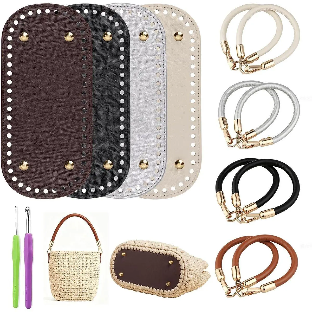 4+8 PCS Bag Bases for Crochet with Purse Handles for Bag Making, Crochet Bag Kit with 2 PCS Crocheting Hooks, 4 Colors PU Leather Purse Bottoms, 11.8 Inch Handbag Handles
