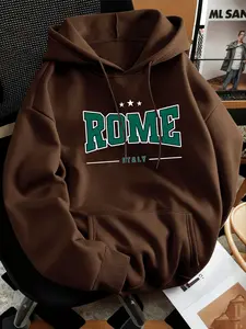 Men's Fleece-Lined Hooded Sweatshirt, ROME Print Design, Casual, Daily Wear, Sports, Soft & Comfortable Fabric, Kangaroo Pocket, Fashionable & Versatile, New Autumn & Winter Hoodie