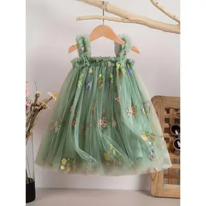 NewNew Summer Dress for Girls Featuring Sweet Colorful Butterfly Flower Embroidery, Tulle Puff Skirt, Perfect for Casual Outings And Parties