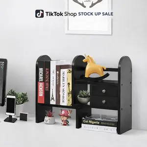 Desktop Bookshelf Organizer Shelf - Adjustable Desk Top Storage Rack with 2 Drawers - Black Expandable Wood Countertop Display Bookcase - Office Tabletop Supplies Organization
