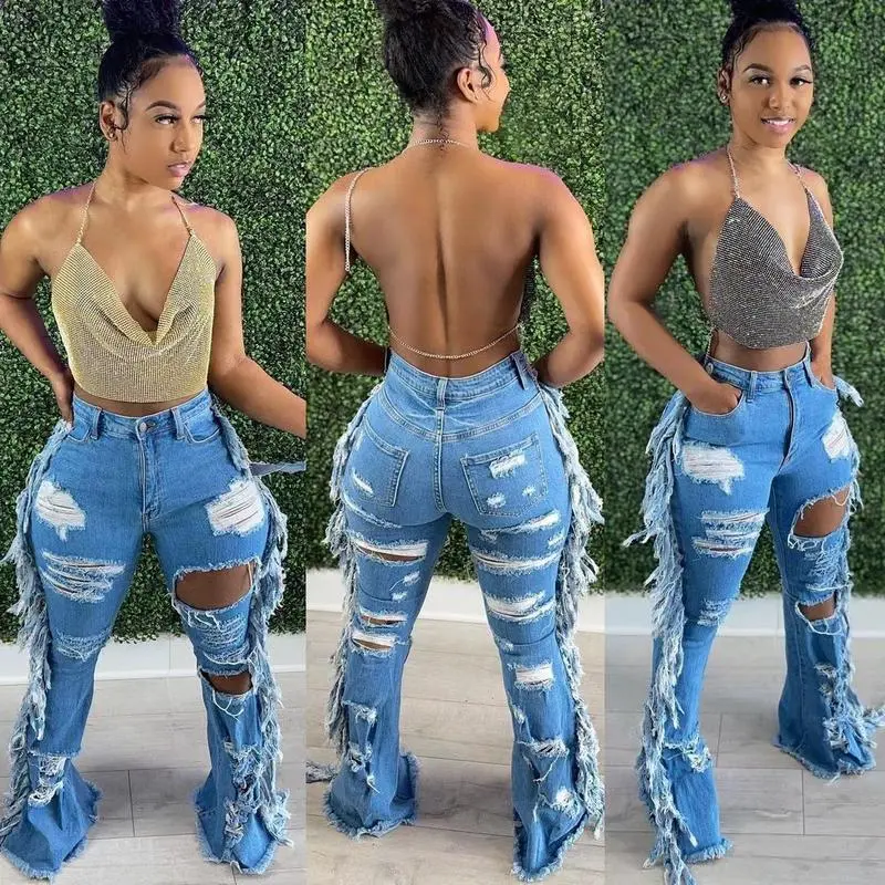 Women's Ripped Denim Loose Wide-Leg Pants - Streetwear Light Blue Washed, Frayed Tassel Hem, Casual Summer, Plus Size up to 3XL, Sports & Outdoor Bottoms