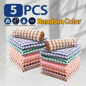 5pcs Large-Sized Checkered Cleaning Cloths, Multiple Colors Blue, Water-Absorbent Durable Polyester Kitchen Towels, Drying Towel, Wiping Cloth