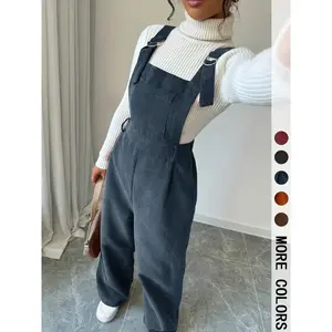Women’s Casual Woven Jumpsuit with Adjustable Straps, Button Front Design, Fitted Style for Autumn & Winter Seasons