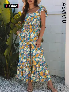 Women's Elegant Sweetheart Neck Allover Floral Print Shirred Cut-Out High Waist Wide Leg Side Pocket Jumpsuit for Summer