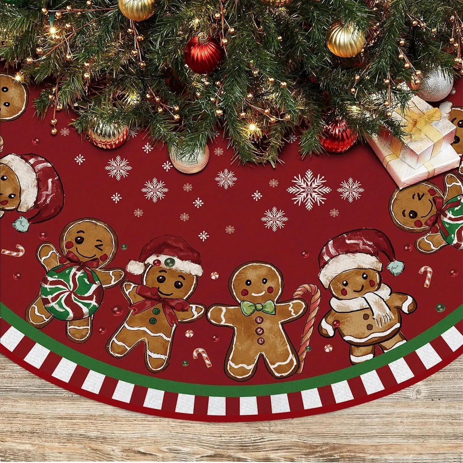 Gingerbread Christmas Tree Skirt 48 Inches | Gingerbread Man Pencil Tree Skirt, Winter Xmas Tree Mat Decorations for Home Party Holiday Decorations