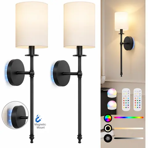 MATULSA 24.8in Magnetic Metal Wall Sconces (Set of 2) - Remote-Controlled Rechargeable Dimmable Lamps with RGB Lighting Modes Adjustable, Gentle Glare-Soft Fabric-Accented Fixtures, Included Batteries for Bedroom, Modern Home Decor Accent Wall Lighting