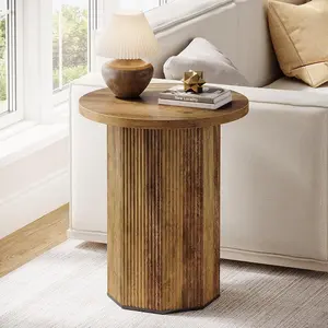 Tribesigns Fluted Wooden Round End Table For Living Room - Farmhouse Pedestal Nightstand