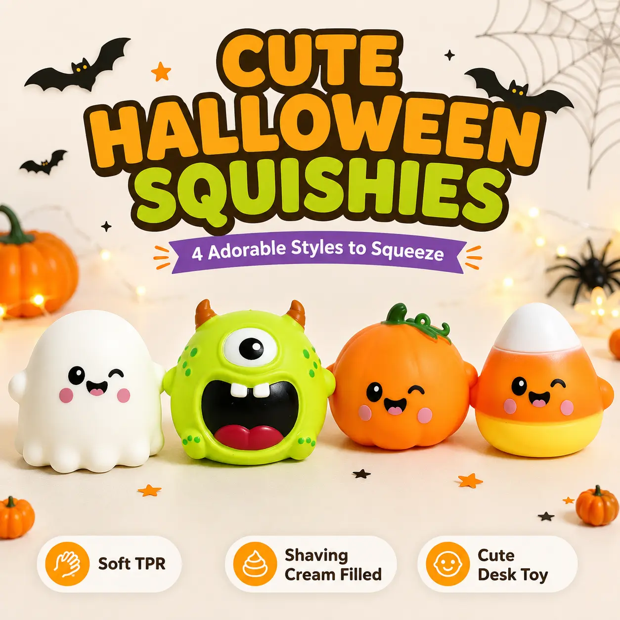 Halloween Squishy Sensory Toy - Cute Ghost, Pumpkin, Candy Corn Stress Relief Fidget Toy, Soft TPR Shaving Cream-Filled Sensory Squishies, Cute Halloween Stuff for Party Favors