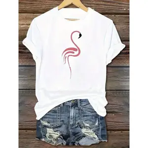 1pc White Flamingo Print T-Shirt| Pink Flamingo And Black Spots, Short Sleeve, Round Neck, Relaxed Fit, Breathable Soft Fabric, Casual Beach Party Outfit, All-Season Versatile Casual Attire, Machine Washable, Elegant Tropical Style, Lightweight